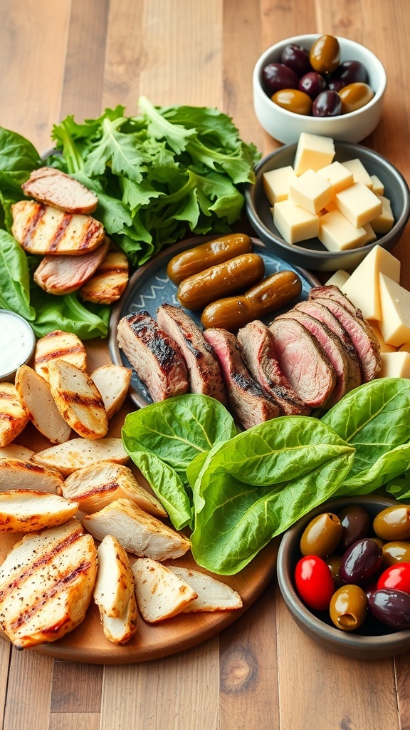 An assortment of zero carb, zero sugar foods including meats, cheese, and vegetables on a wooden table.